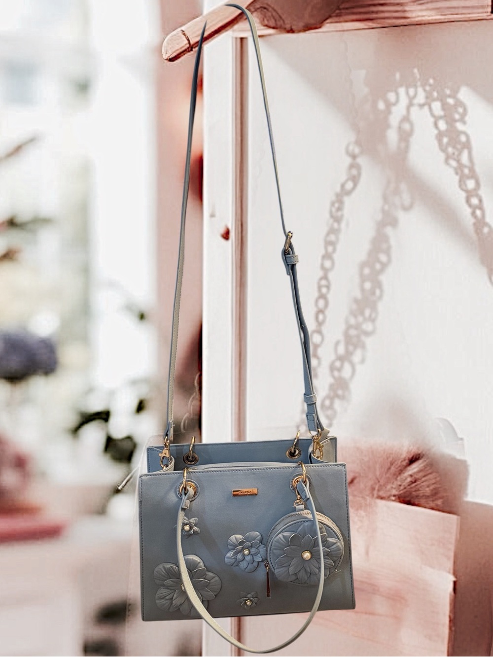 Aldo brand Blue Floral embossed crossbody/shoulder bag with coin purse attached